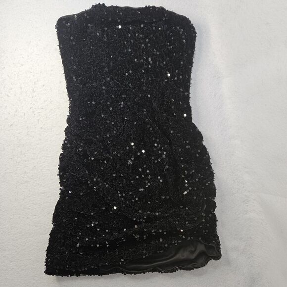 Shein Black Sequin Tube Dress Sz S Ruched Lined Zip - Picture 1 of 5